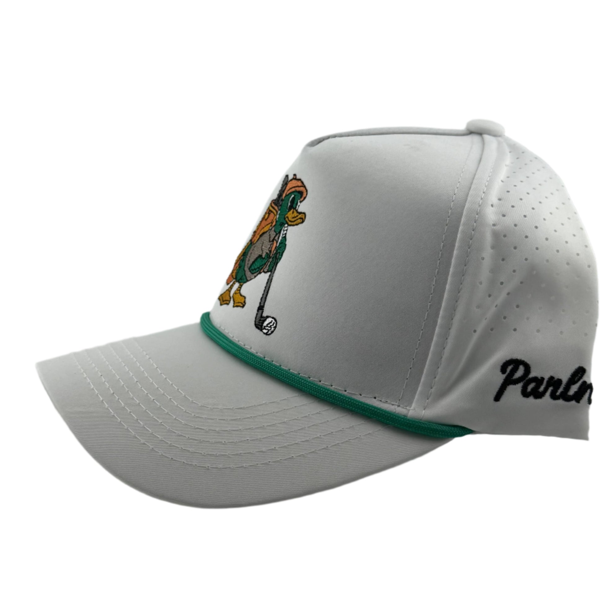 White cap with green brim and branding on a light gray background