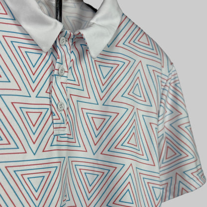 Geometric patterned shirt with red and blue triangles on a white background