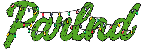 Decorative text 'Pawland' with Christmas lights on a white background